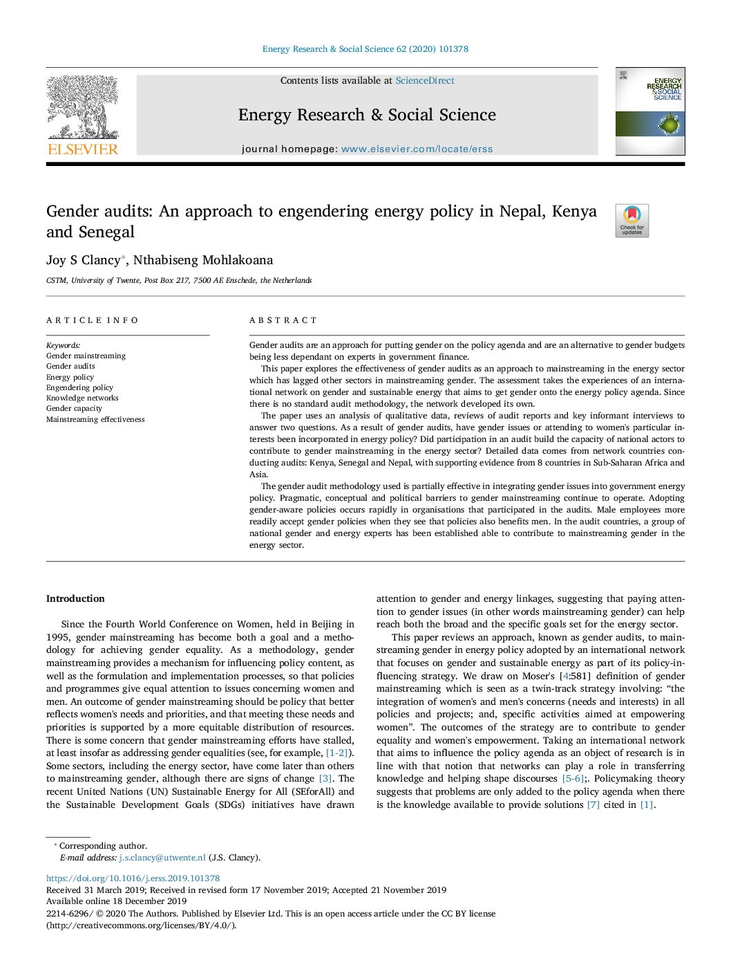 Gender audits: An approach to engendering energy policy in Nepal, Kenya and Senegal