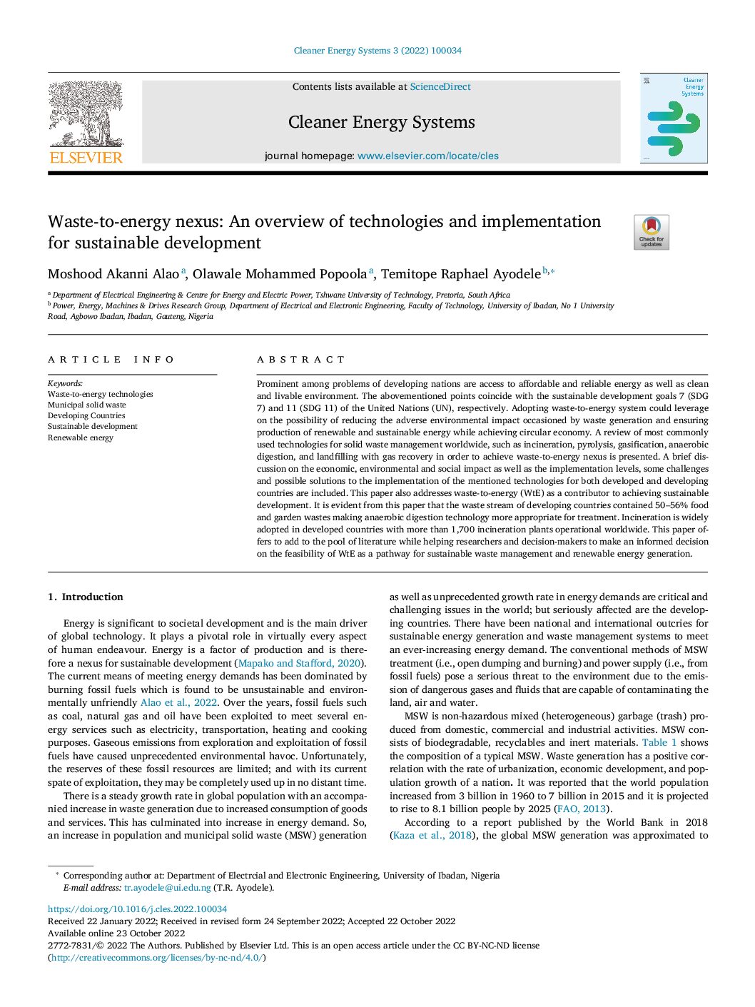 Waste-to-energy nexus: An overview of technologies and implementation for sustainable development