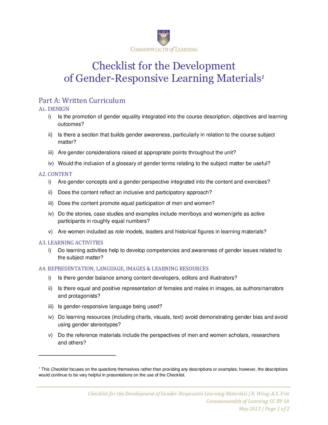 Checklist for the Development of Gender-Responsive Learning Materials