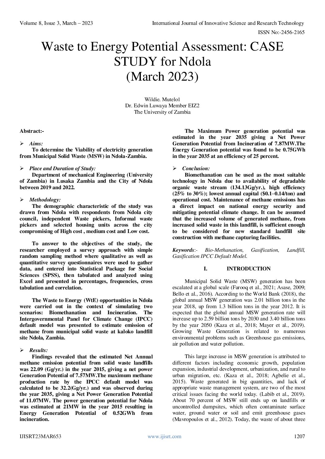 Waste to Energy Potential Assessment: CASE STUDY for Ndola