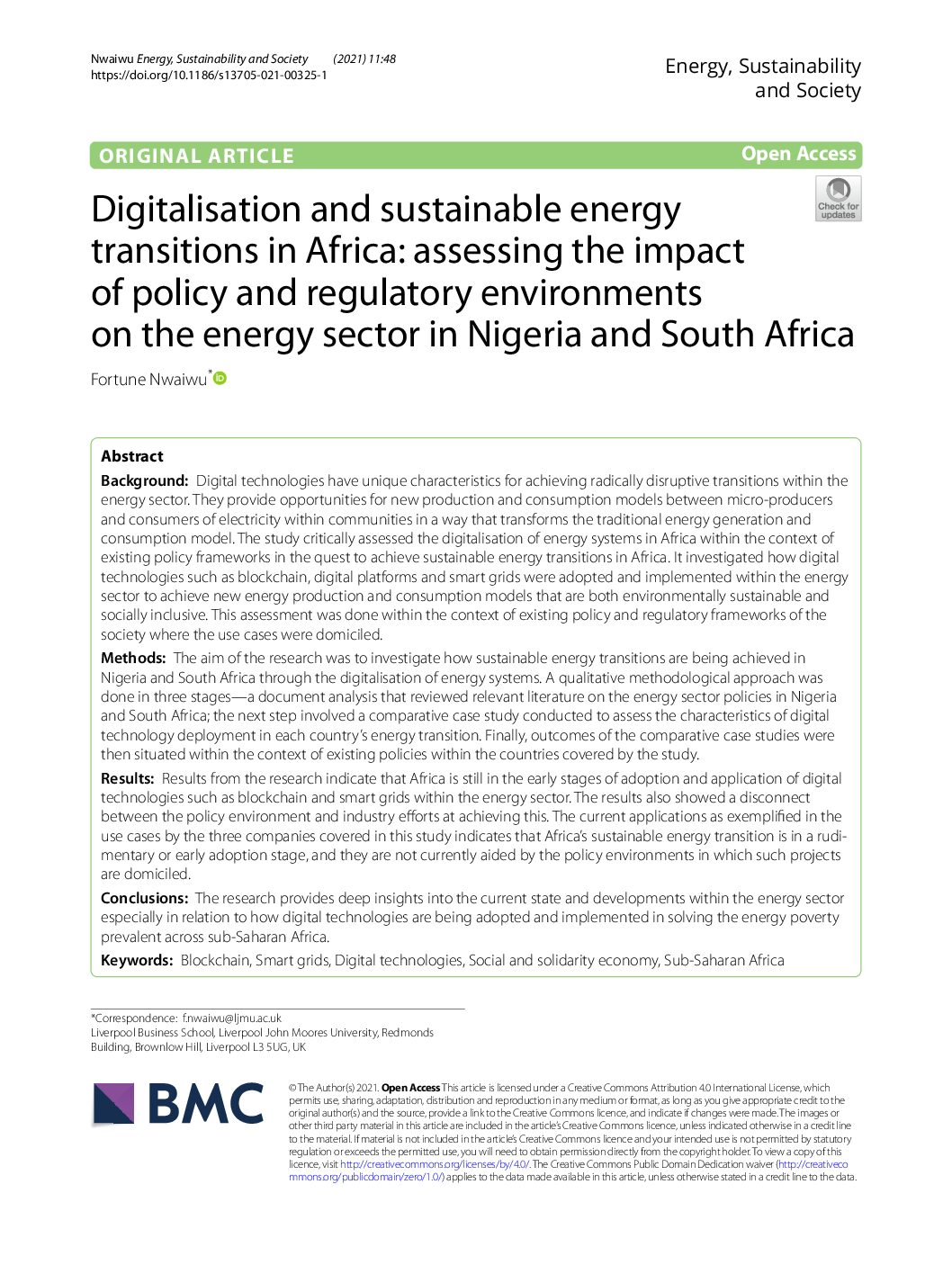 Digitalisation and sustainable energy transitions in Africa: assessing the impact of policy and regulatory environments on the energy sector in Nigeria and South Africa