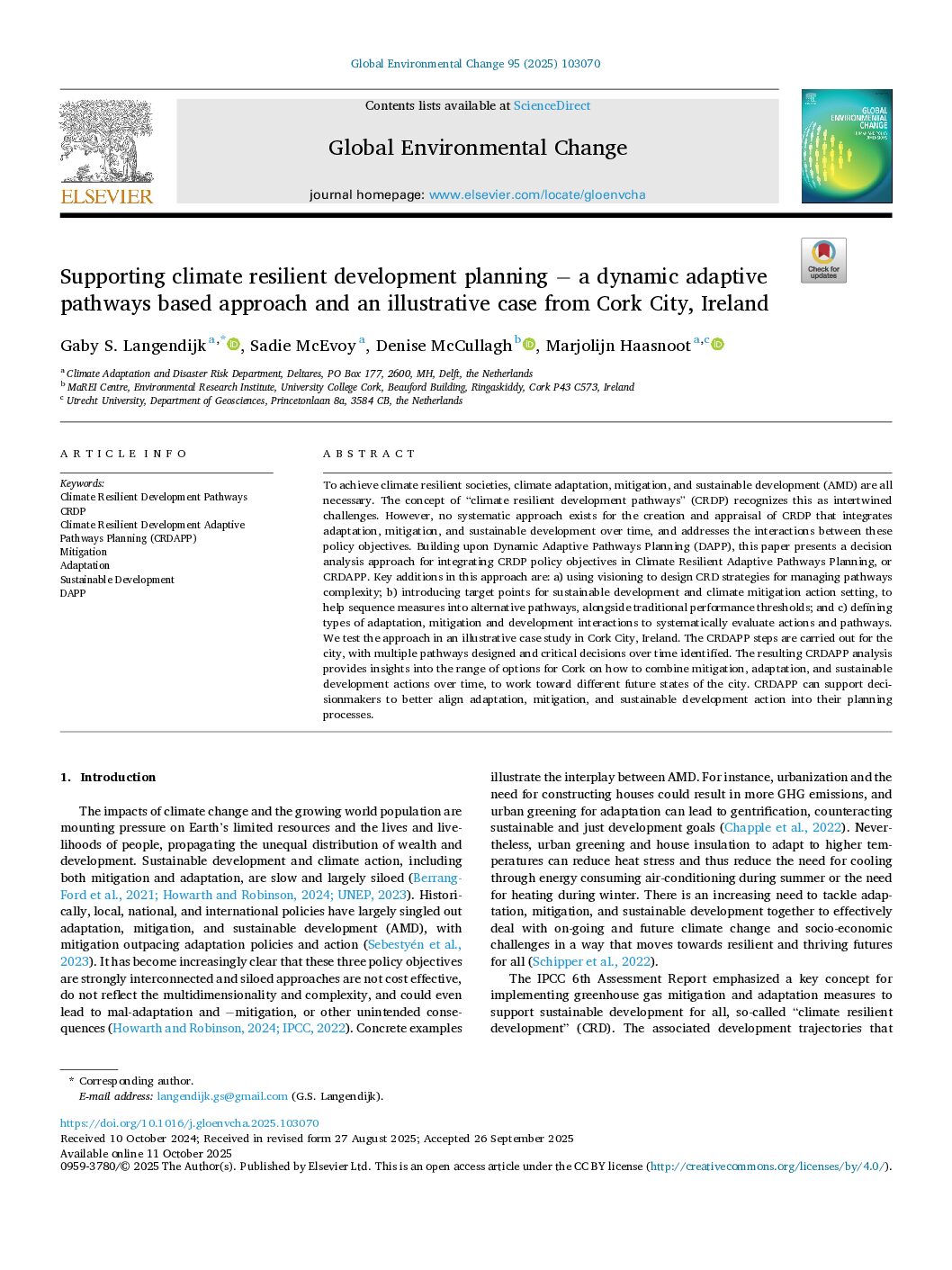Supporting climate resilient development planning − a dynamic adaptive pathways based approach and an illustrative case from Cork City, Ireland