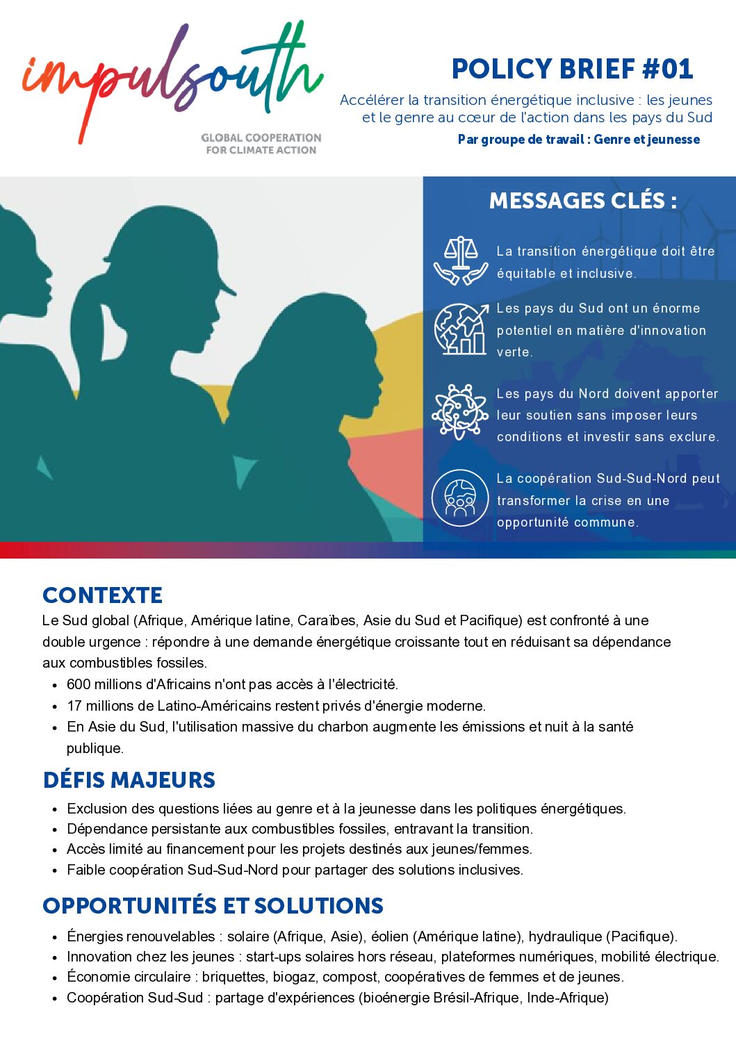 POLICY BRIEF #01 Accélérer la transition énergétique inclusive : les jeunes et le genre au cœur de l’ action dans les pays du Sud